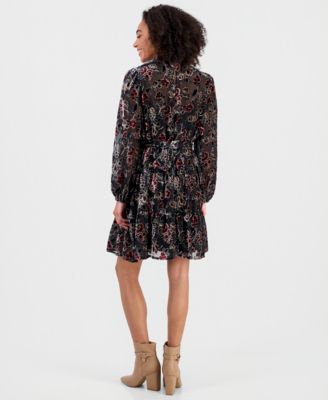 Women's Floral Tie-Waist Long-Sleeve Mini Dress