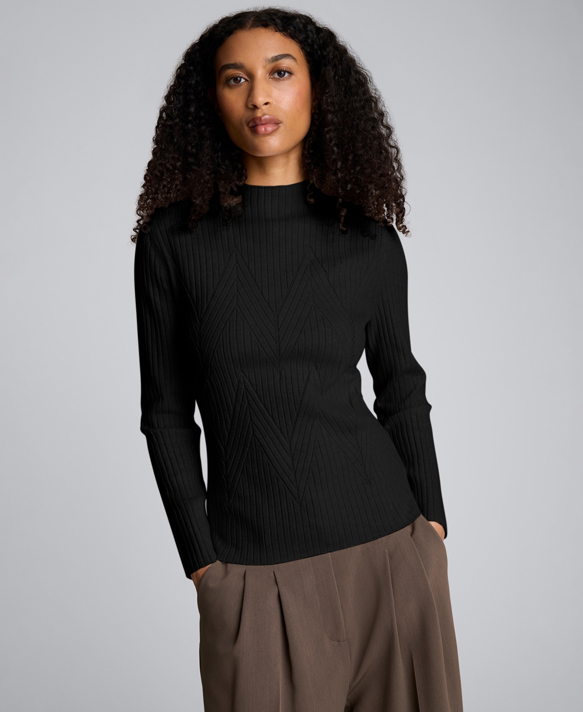 Kenneth Cole Women's Large Chevron Stitch Long-sleeve Sweater In Black