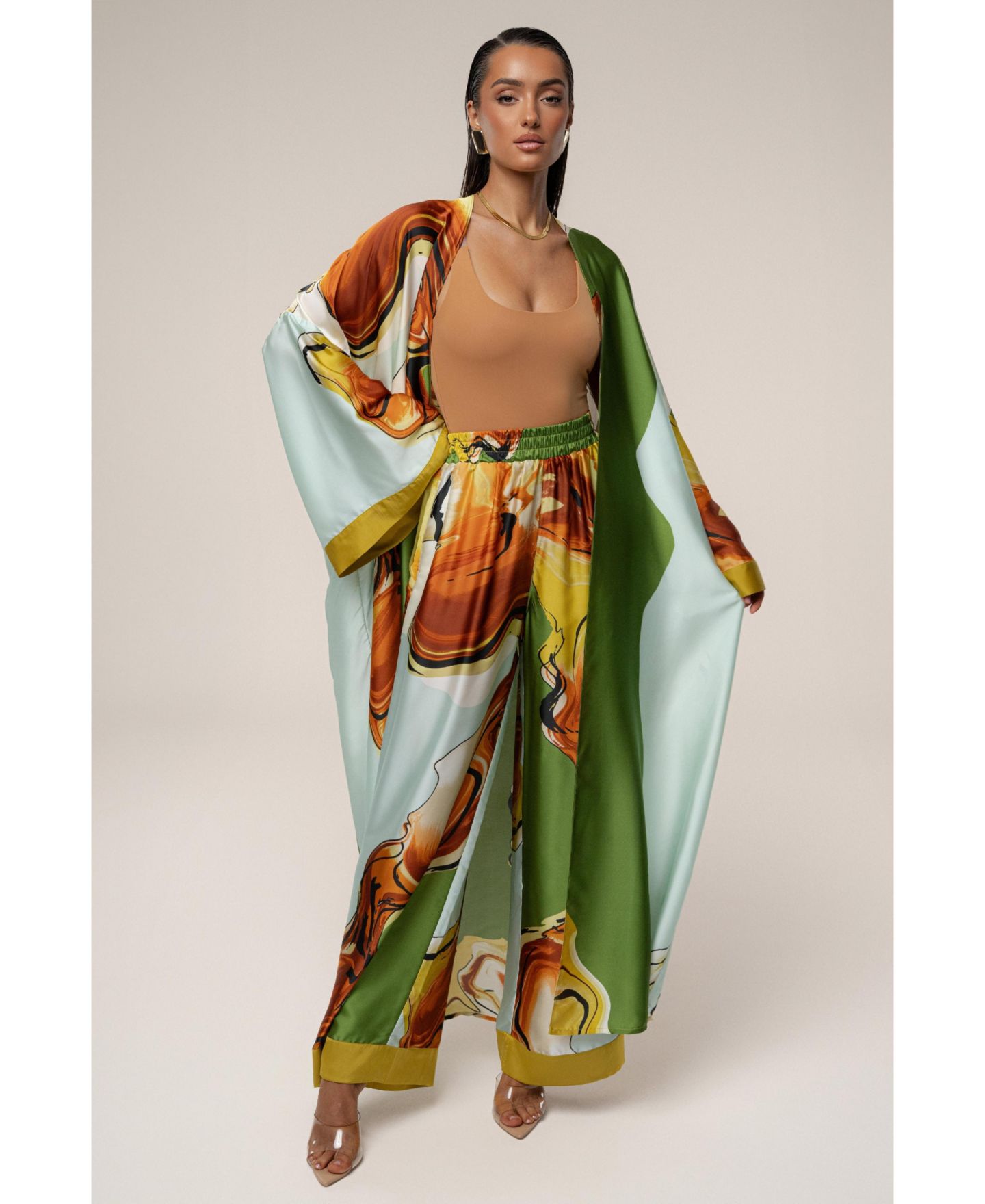 Женские куртки JLUXLABEL Nola Maxi Duster, цвет: Зелёный с принтом — фото 5