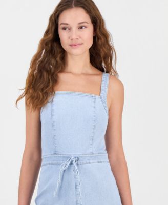 Juniors' Tie-Waist Denim Wide-Leg Jumpsuit