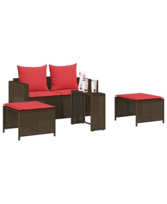 5 Piece Patio Sofa Set with Cushions Stackable Brown Poly Rattan