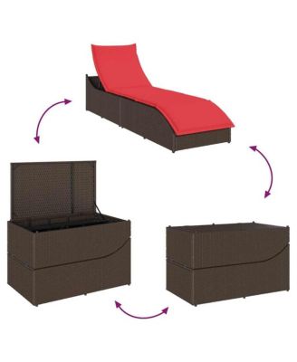 Folding Sun Lounger with Cushion and Storage Brown Poly Rattan