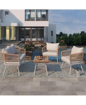- 4-Piece Patio Furniture Set with Acacia Wood Table - Creamy Beige
