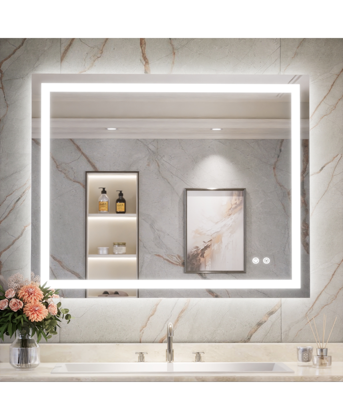 keonjinn Inch Led Bathroom Vanity Mirror Tempered Glass Front & Backlit Dimmable 3 Color Lighted Mirror Anti-fog Memory Function Frameless