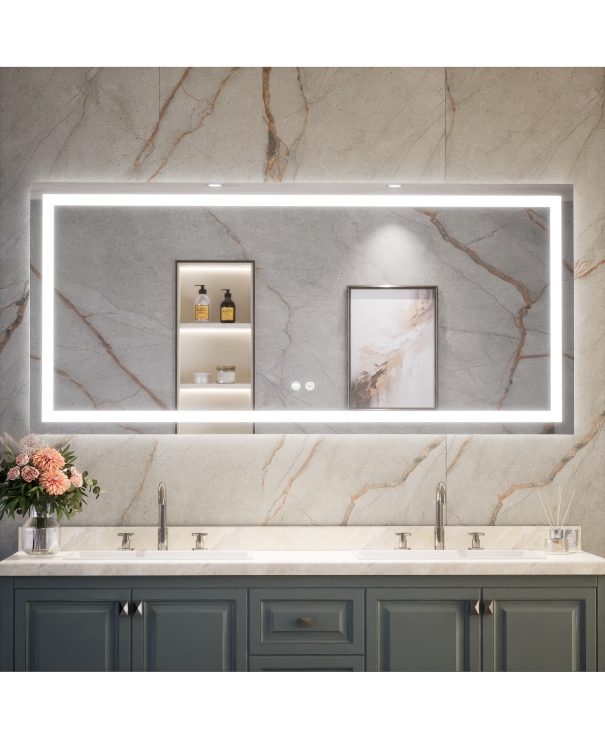 keonjinn Inch Led Bathroom Vanity Mirror Tempered Glass Front & Backlit Dimmable 3 Color Lighted Mirror Anti-fog Memory Function Frameless