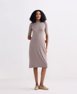 Women's High Crew Neck Elbow Sleeves Fitted Dress in Dusty Brown