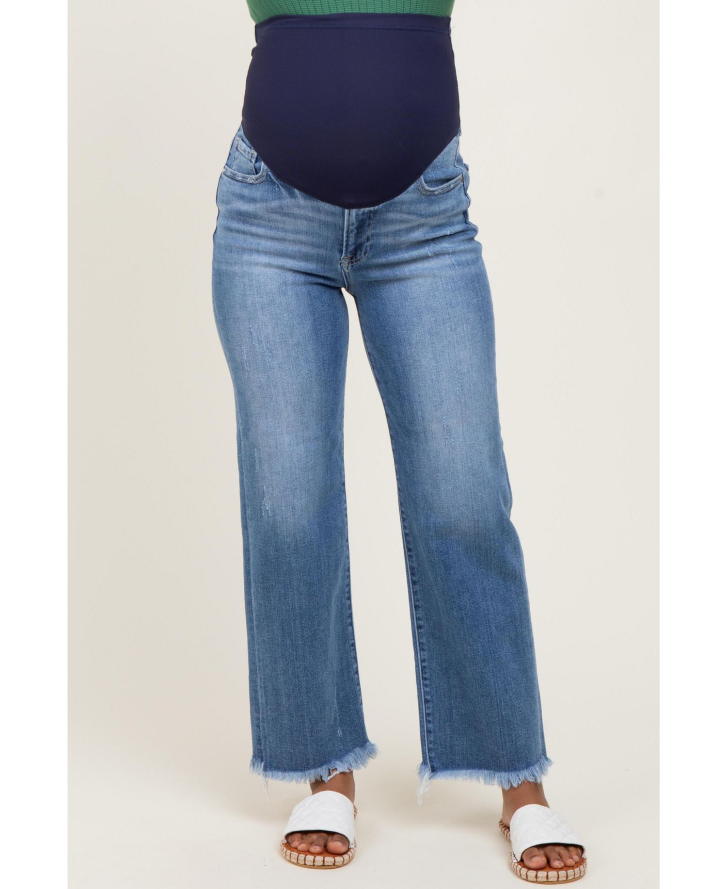 Women's Blue Frayed Hem Ankle Straight Leg Jeans