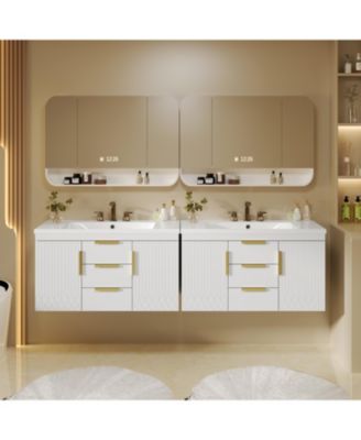 36" Wall-Mounted Floating Bathroom Vanity with Solid Wood Cabinet and 2 Drawers