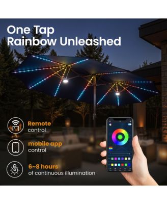 15ft Solar Umbrella Smart LED Lighted Patio Umbrella,12 Heavy Duty Ribs Large Outdoor Double Sided Rectangle Umbrella with Light Modes and Base