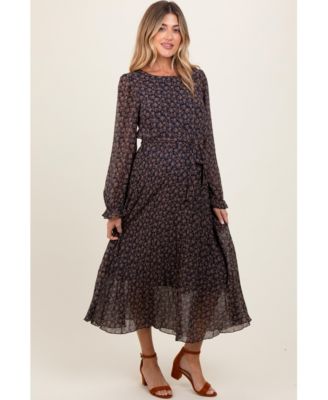 Maternity Navy Blue Floral Front Tie Pleated Midi Dress