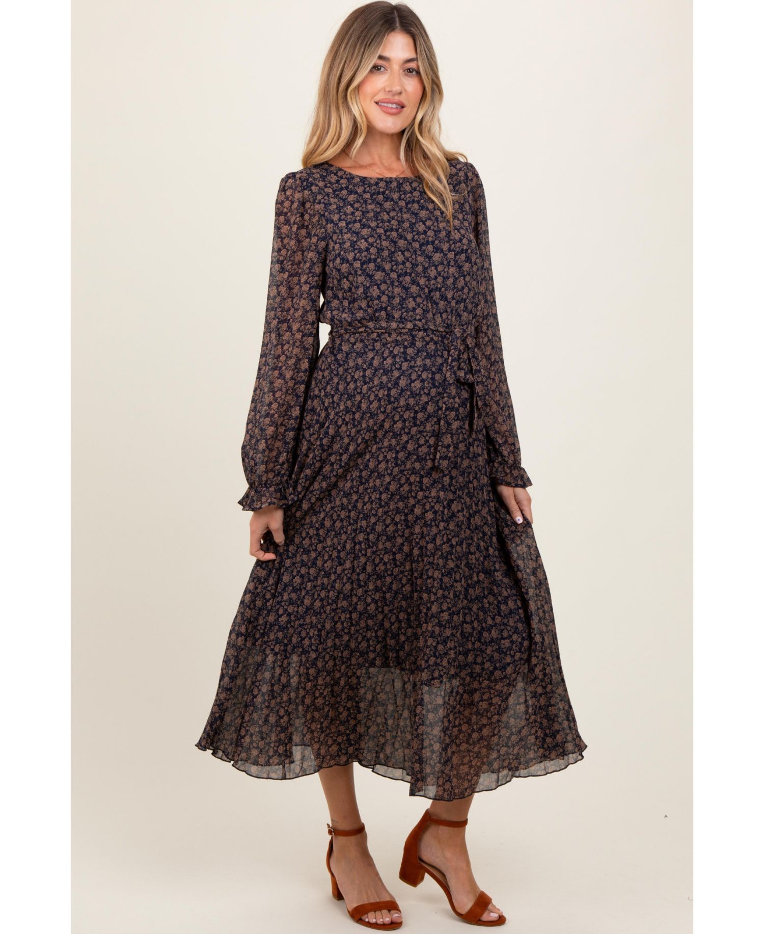 Women's Navy Blue Floral Front Tie Pleated Midi Dress