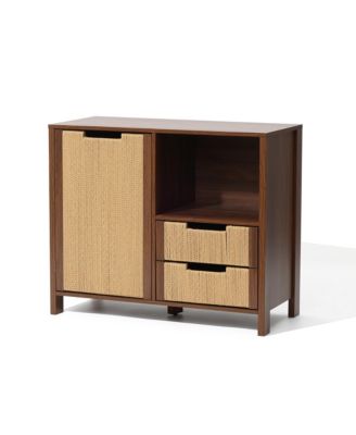 Walnut Finish Storage Cabinet with Rope Drawer Front, 1 Door, 2 Drawers, MDF Wood
