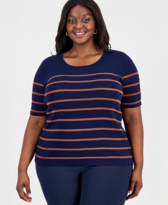 Tahari ASL - Plus Size Striped Short-Sleeve Crewneck Sweater