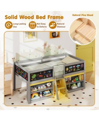 Low Loft Bed Twin Size Wooden Bed Frame Kid's Cabin Bed w/ Bookcases