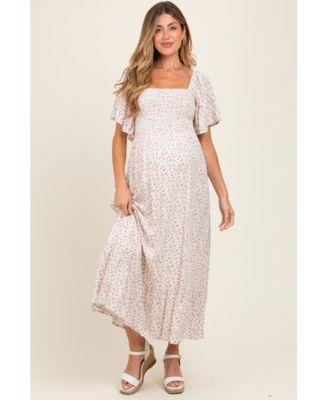 Cream Multi Ditsy Floral Smocked Maternity Midi Dress