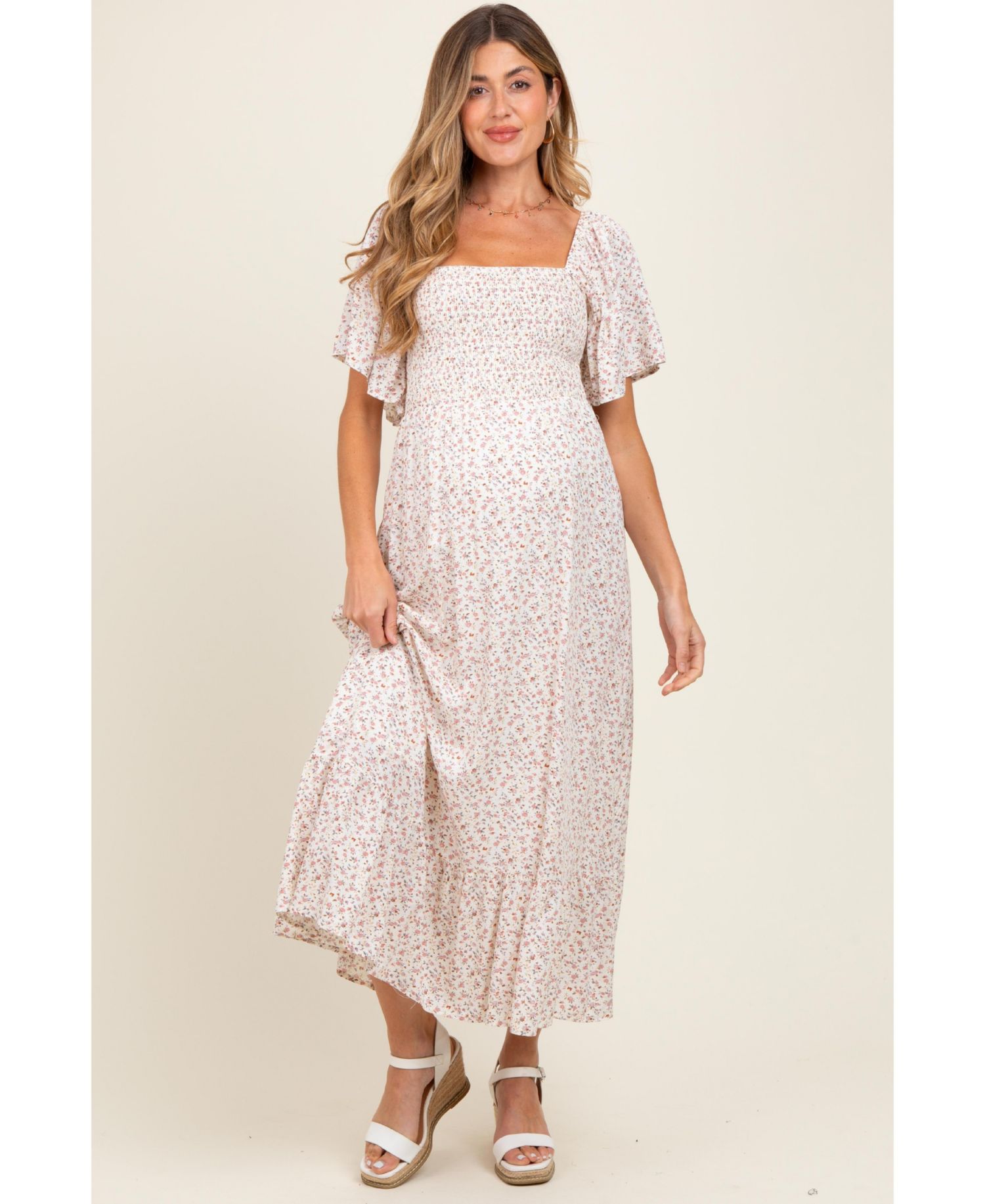 Women's Cream Multi Ditsy Floral Smocked Midi Dress