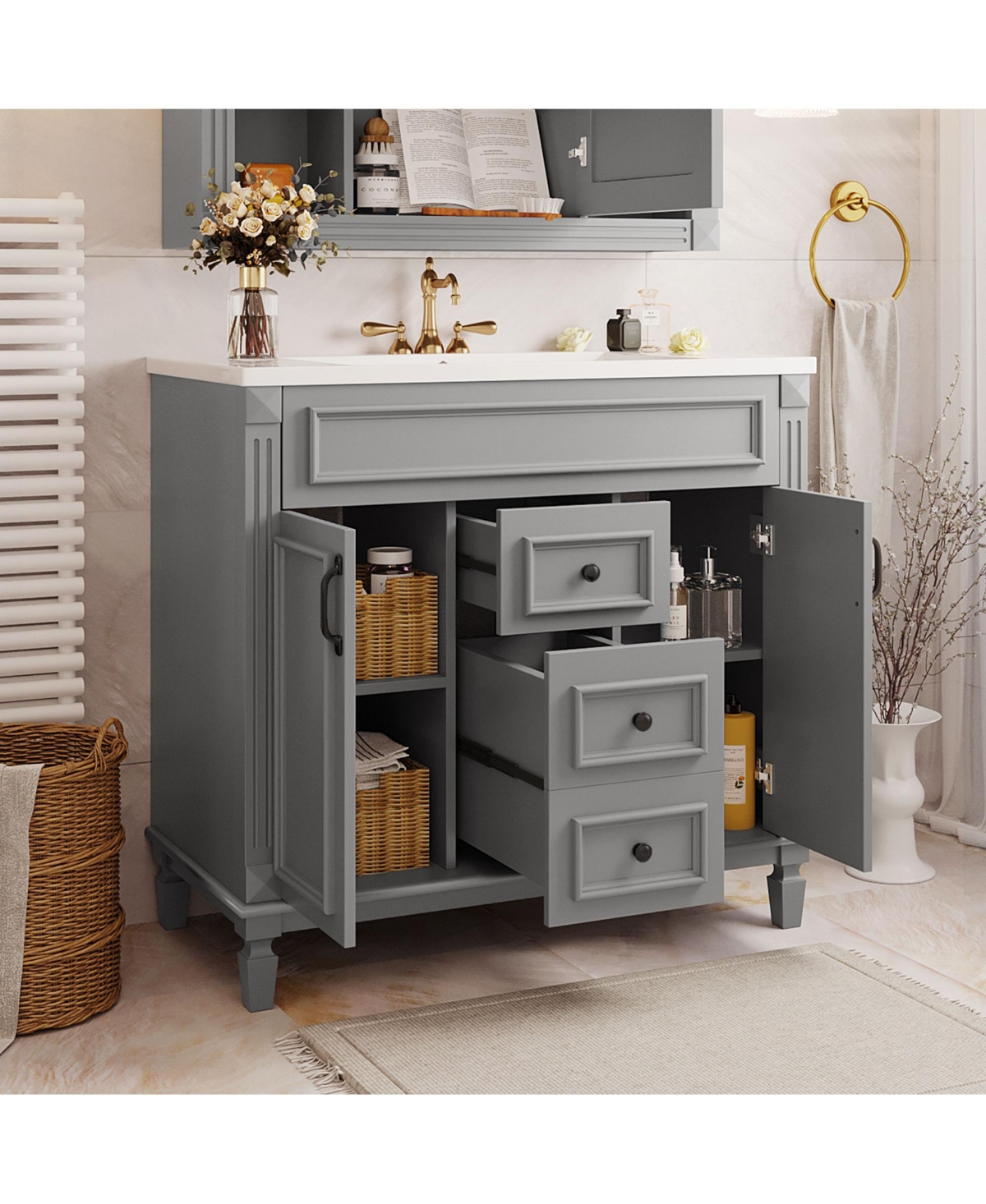 Lovmor 36inch Bathroom Vanity with Top Sink Modern Bathroom Storage Cabinet with 2 Soft Closing Doors and 2 Drawers Single Sink Bathroom Vanity