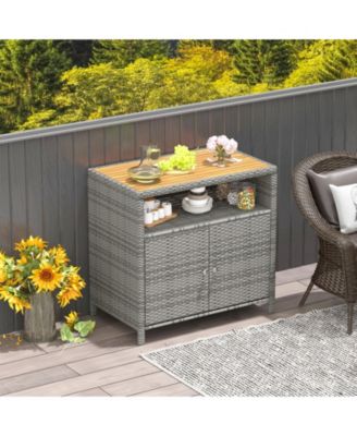 Rattan Storage Cabinet with Acacia Wood Countertop for Poolside Deck and Patio