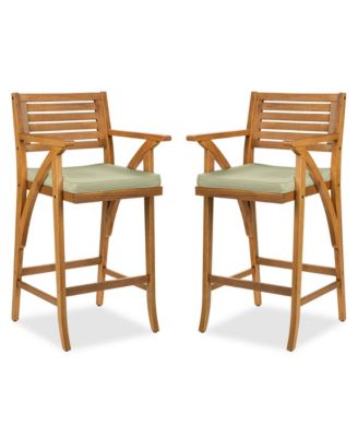 Set of 2 Outdoor Acacia Wood Bar Stools Bar Chairs with Weather-Resistant Cushions