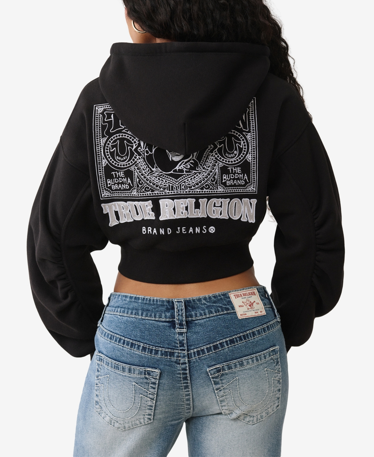 True Religion Ruched Sleeve Logo Zip Hoodie In Black