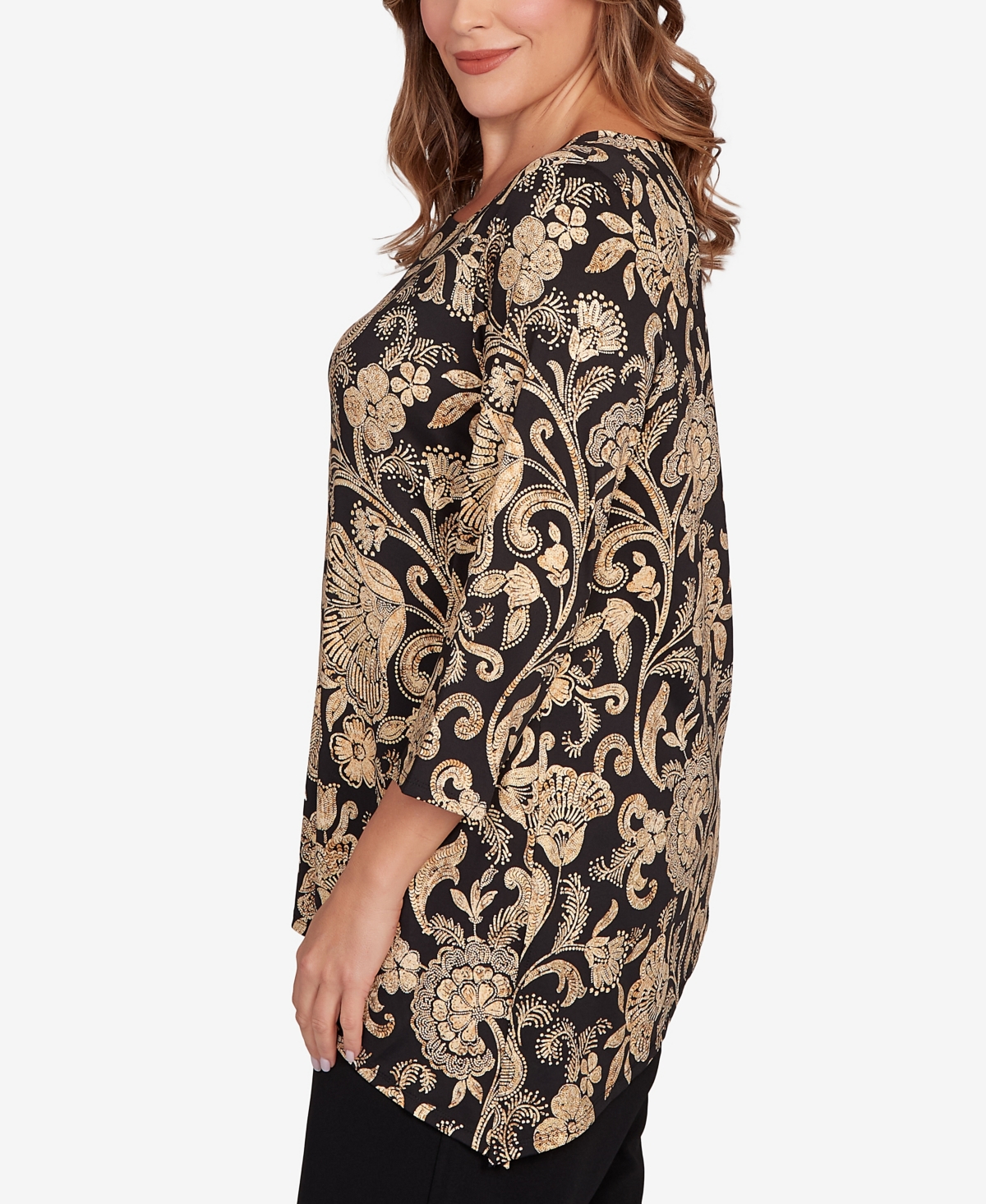 Ruby Rd. Plus Size Gold Foil Floral Printed Knit Top In Multi