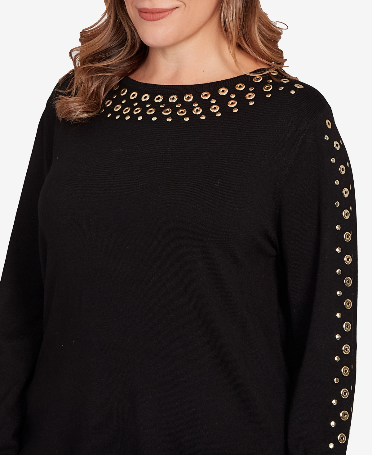 Ruby Rd. Plus Size Grommet Embellished Fine Gauge Sweater In Black