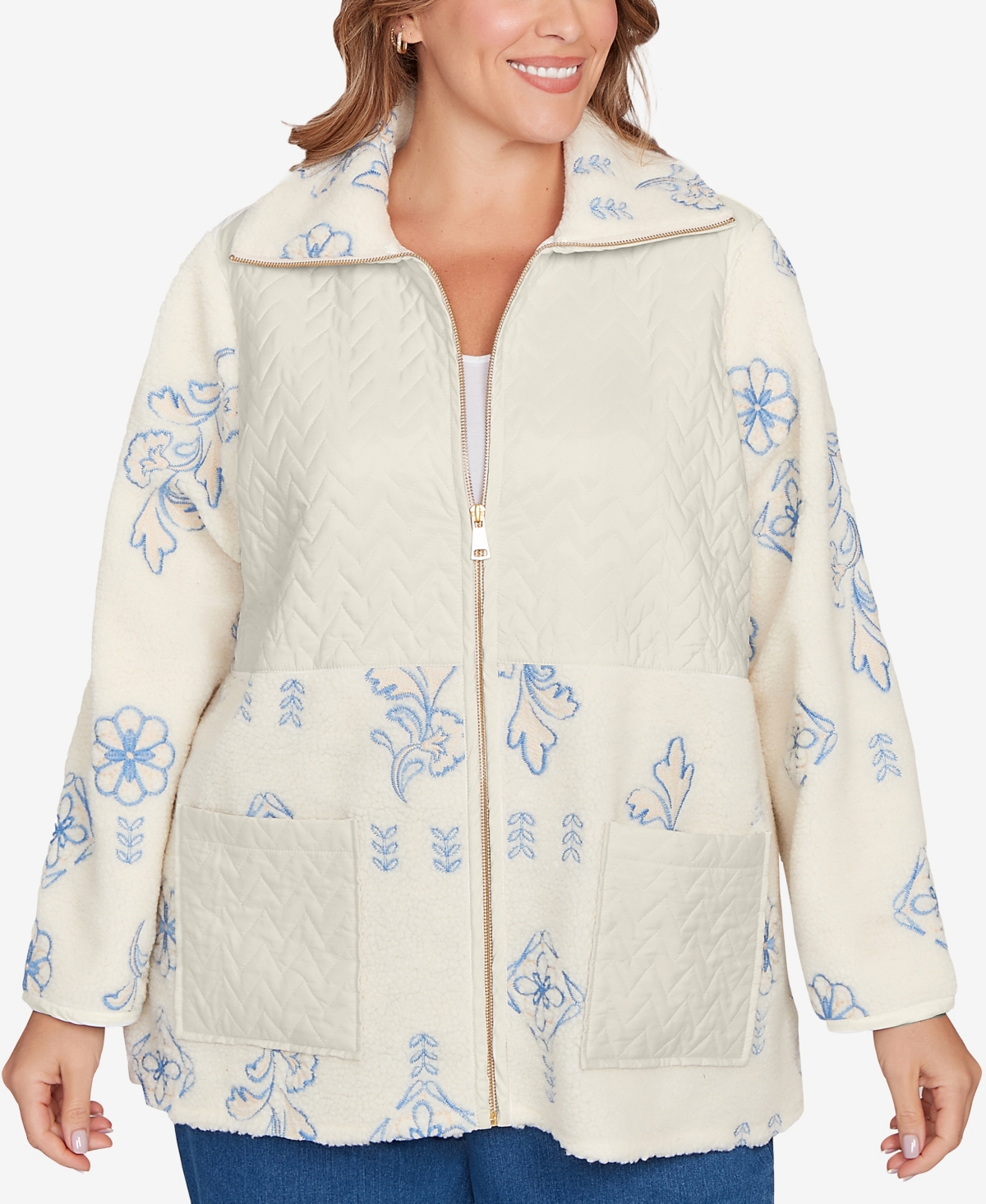 Ruby Rd. Plus Size Embroidered Quilted Shearling Jacket In White