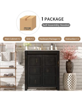 30" Solid Wood & MDF Bathroom Vanity with Ceramic Sink, Soft-Close Doors & Adjustable Shelf Storage Cabinet