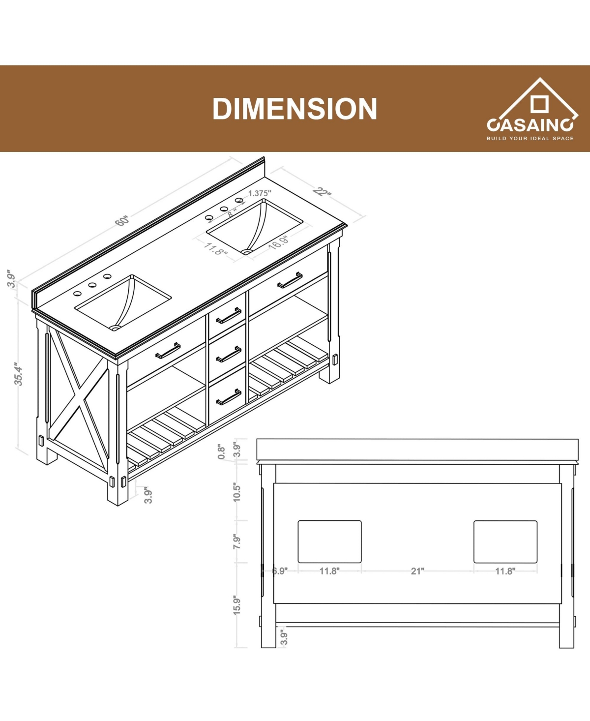 Casainc 60-Inch Solid Wood Bathroom Vanity with Marble Bullnose Top and Ceramic Basin