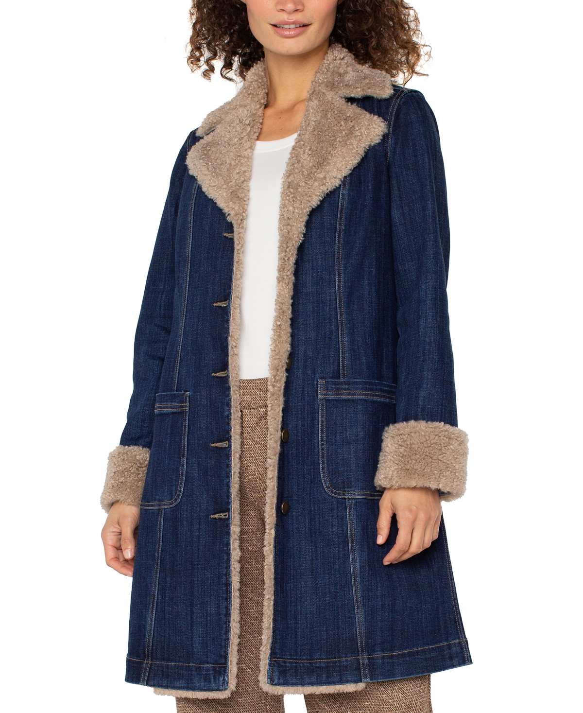 Liverpool Los Angeles Faux Shearling Trim Denim Coat In Blue
