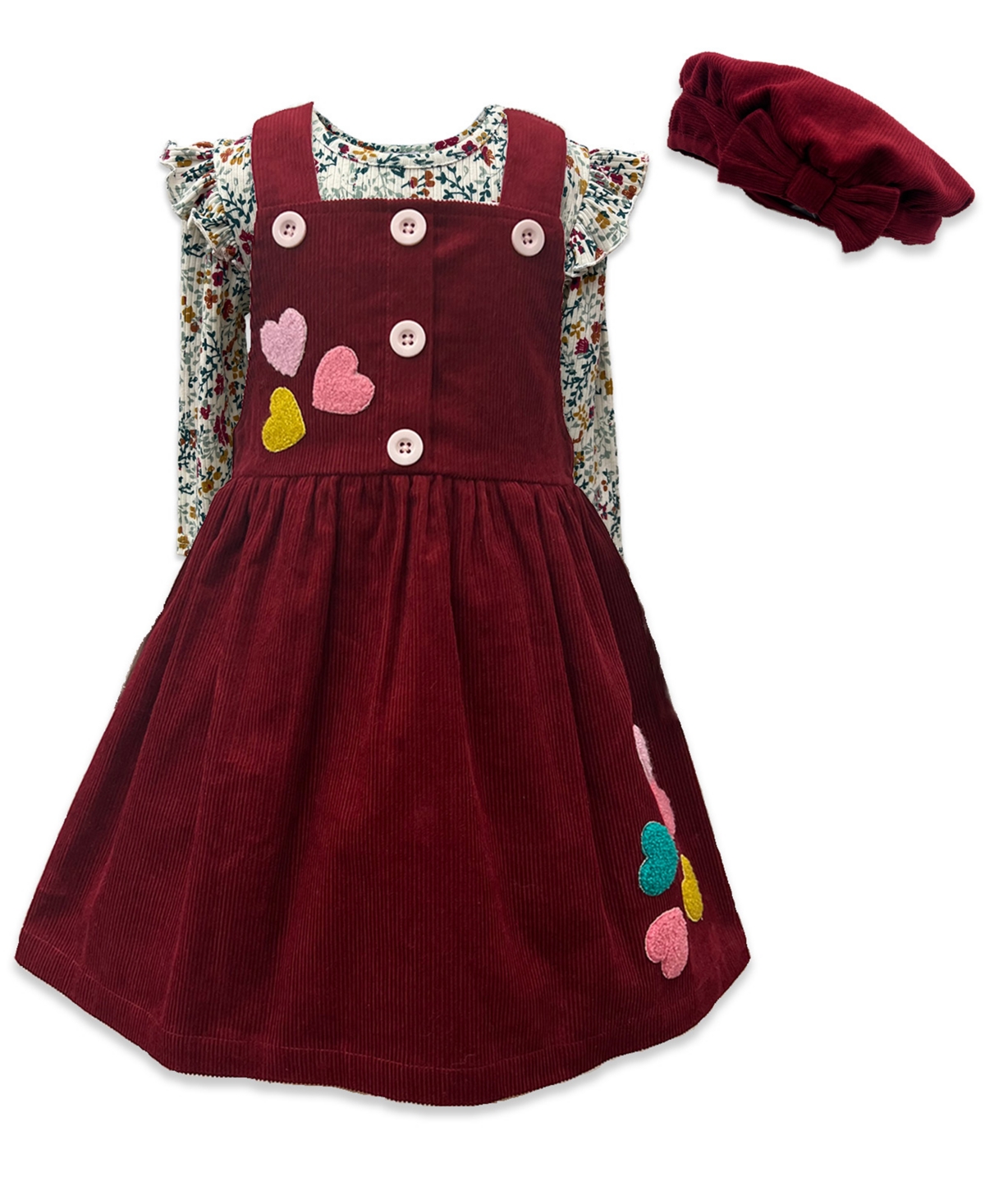 Blueberi Boulevard Girls 2t-6x 2-piece Button Floral Corduroy Top And Jumper Set In Red
