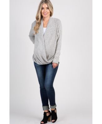 Maternity Beige Knit Draped Wrap V-Neck Nursing Top