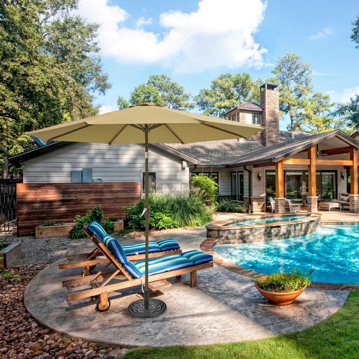 Yescom 9FT UV50+ Olefin Outdoor Patio Umbrella with Base Crank Tilt Fade Resistant for Garden Beach Pool Deck Market Porch Backyard Cafe,Tan