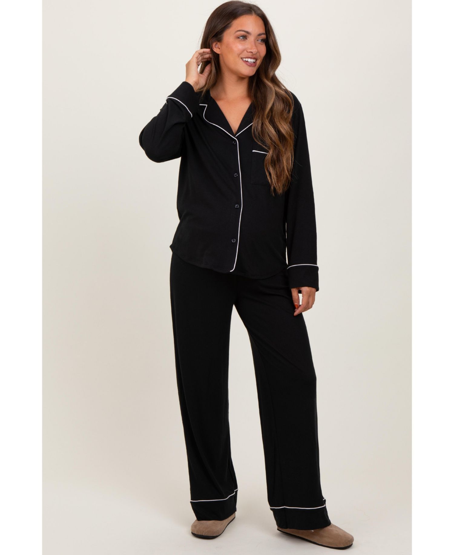 Women's Dark Navy Button Down Top Wide Leg Pant Pajama Set