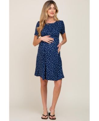 Maternity Navy Floral Smocked Short Sleeve Dress