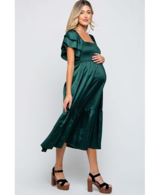 Maternity Forest Green Satin Flutter Sleeve Midi Dress