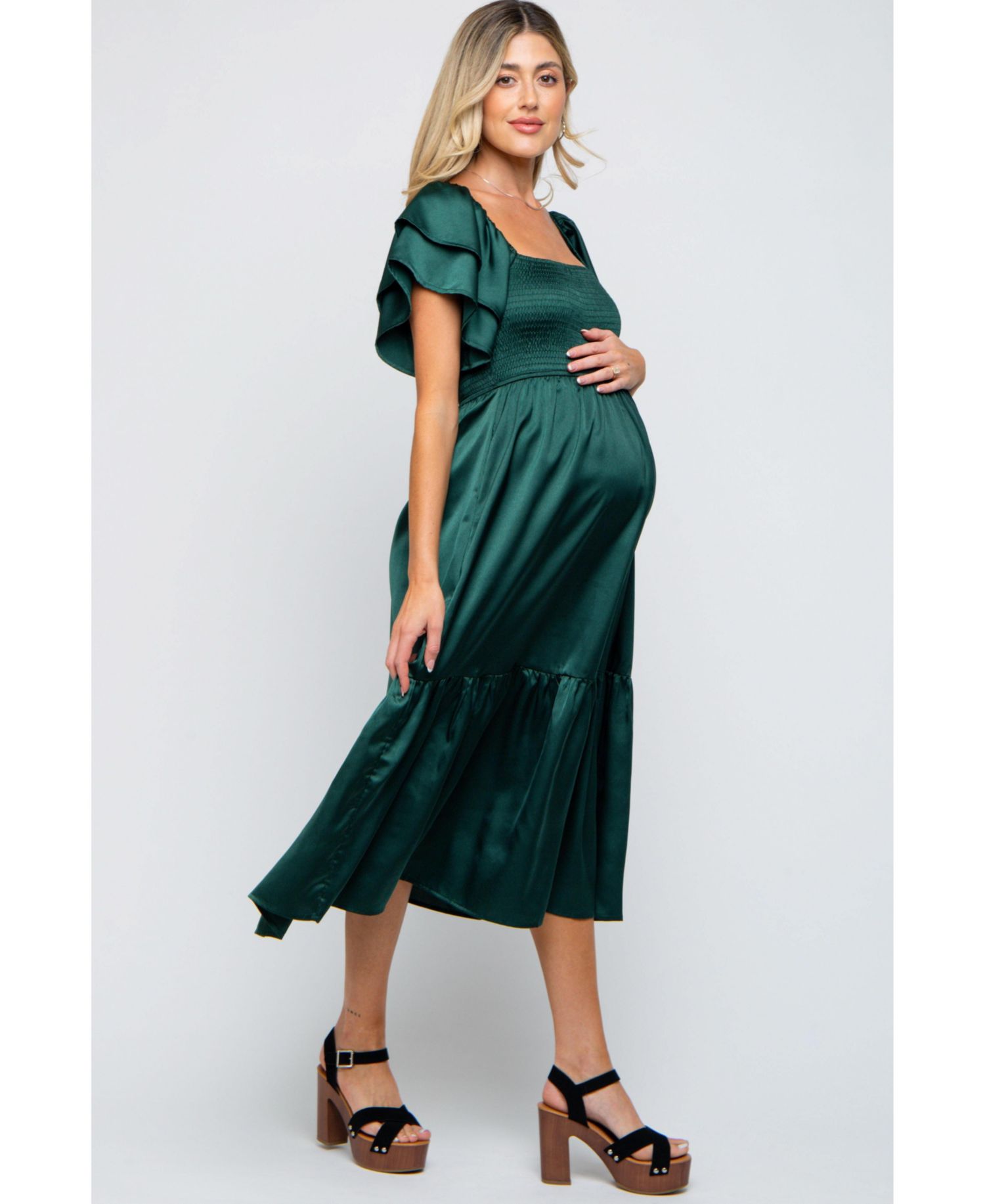 Women's Navy Satin Flutter Sleeve Midi Dress