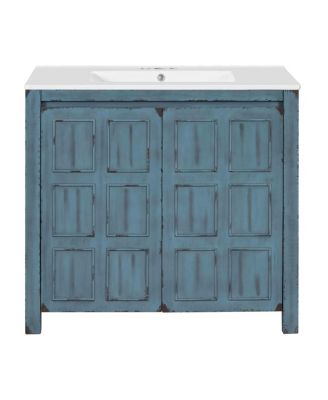 36" Solid Wood Bathroom Vanity Set with Ceramic Sink & Distressed Finish Storage Cabinet Organizer