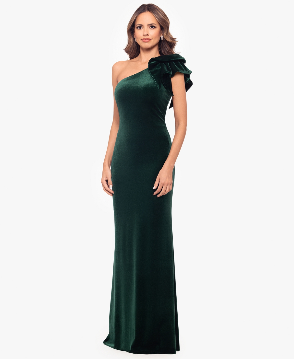 Betsy & Adam Women's Asymmetric Ruffled Sleeveless Velvet Gown In Green