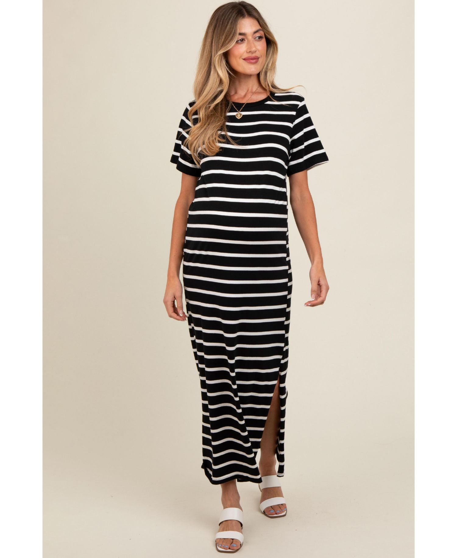 Women's Red Striped Side Slit Maxi Dress