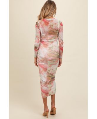 Maternity Pink Abstract Printed Mesh Overlay Maxi Dress