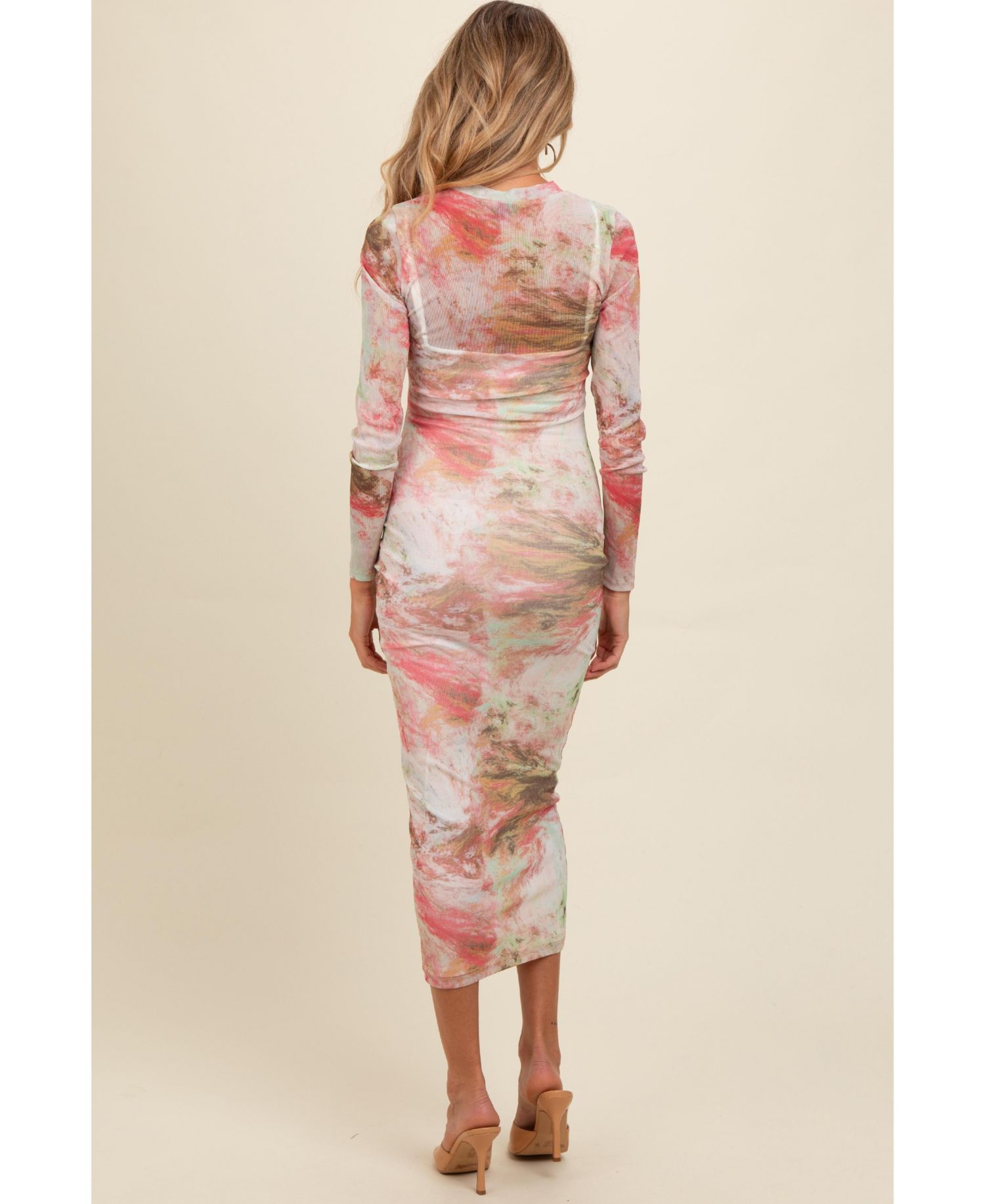 Women's Pink Abstract Printed Mesh Overlay Maxi Dress