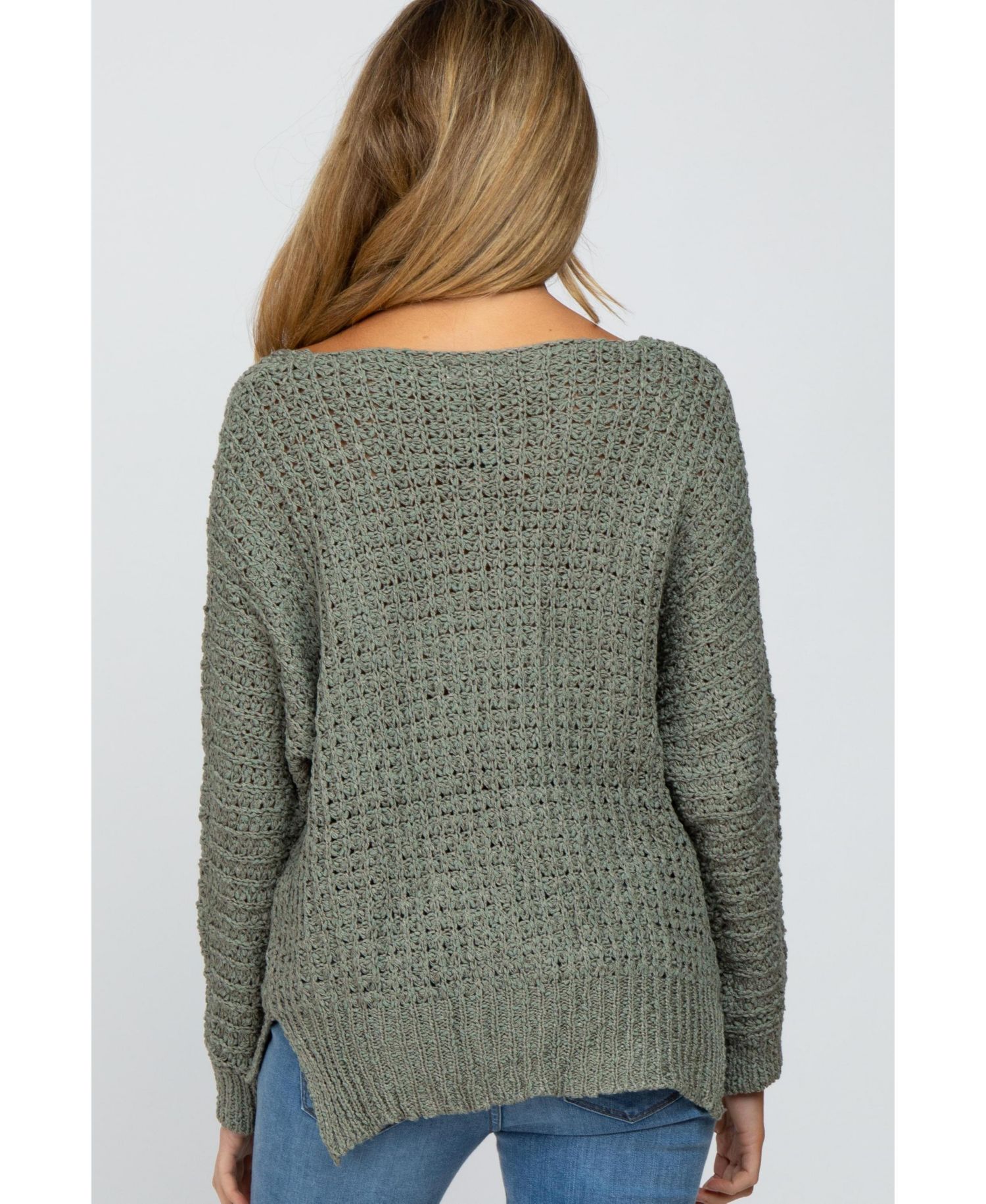 Women's Olive V-Neck Side Slit Thick Knit Sweater