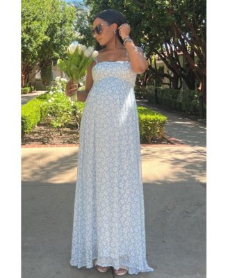 Maternity Light Blue Floral Chiffon Sweetheart Neck Off Shoulder Maxi Dress