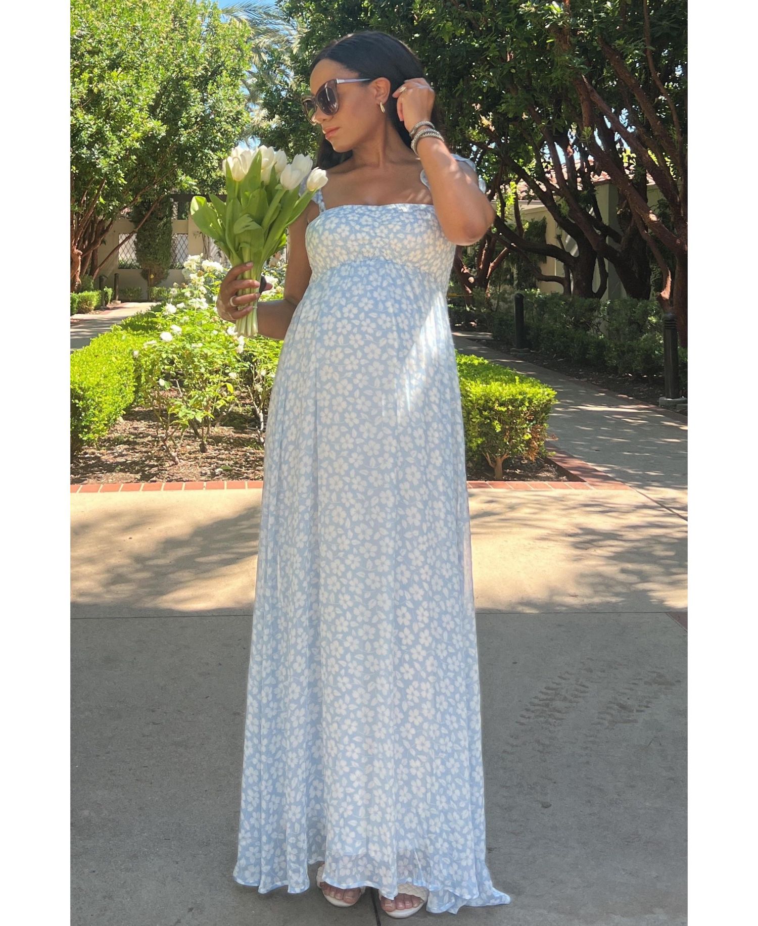 Women's Light Blue Floral Chiffon Sweetheart Neck Off Shoulder Maxi Dress