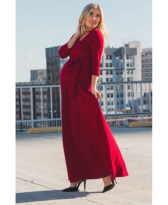 Burgundy Draped 3/4 Sleeve Maternity Maxi Dress