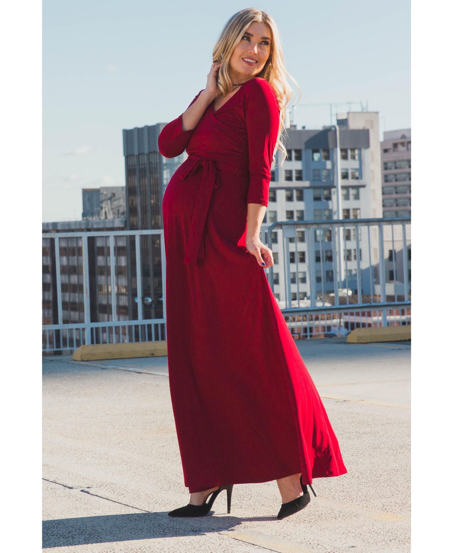 Women's Burgundy Draped 3/4 Sleeve Maxi Dress