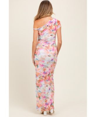 Floral One Shoulder Side Slit Maternity Maxi Dress