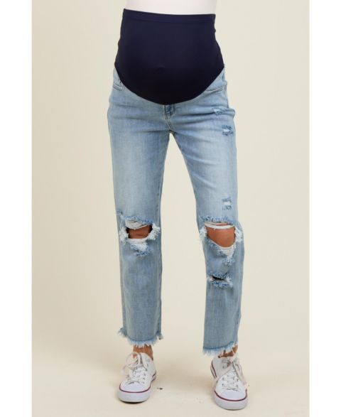 Женские джинсы Pinkblush Light Blue Ripped Knee Fringe Hem Straight Leg Ankle, цвет: Светлый синий