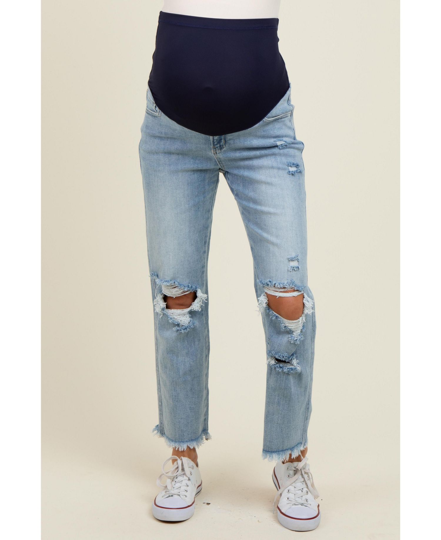 Women's Light Blue Ripped Knee Fringe Hem Straight Leg Ankle Jeans